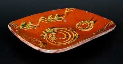 New England Redware Loaf Dish w/ Elaborate Lead and Copper Slip Decoration