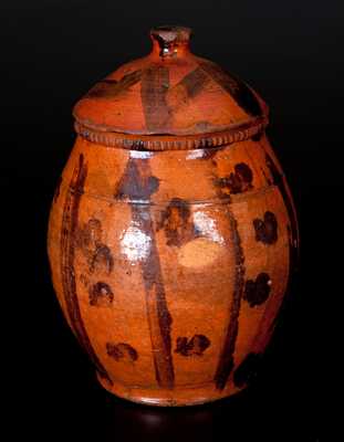 Lidded Redware Jar with Folky Stripe and Spot Decoration, probably Pennsylvania