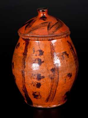 Lidded Redware Jar with Folky Stripe and Spot Decoration, probably Pennsylvania