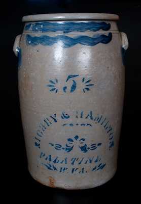Five-Gallon RICHEY & HAMILTON / PALATINE / W. VA Cobalt-Decorated Stoneware Crock