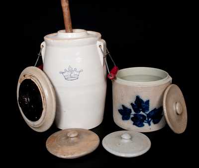 Lot of Six: Stoneware Articles incl. Molded Butter Crock, Bristol-Glazed Churn, and Four Lids