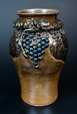 Lanier Meaders, Cleveland, Georgia, circa 1978 Stoneware Vase w/ Snake and Grapes
