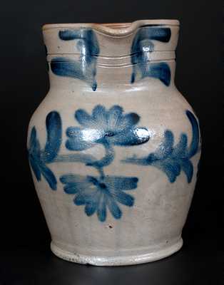 Half-Gallon Remmey, Philadelphia Stoneware Pitcher w/ Cobalt Floral Decoration