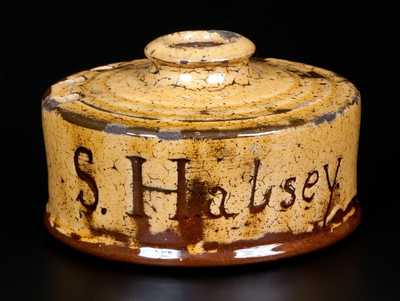 Very Rare New Jersey Redware Inkwell, Inscribed S. Halsey and Sparta 1824
