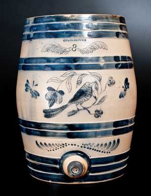 Monumental Eight-Gallon CHARLESTOWN (Boston, Mass.) Stoneware Keg-Form Cooler with Incised Bird and Floral Motifs