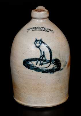 Exceedingly Rare COWDEN & WILCOX / HARRISBURG, PA Stoneware Jug w/ Cat Decoration