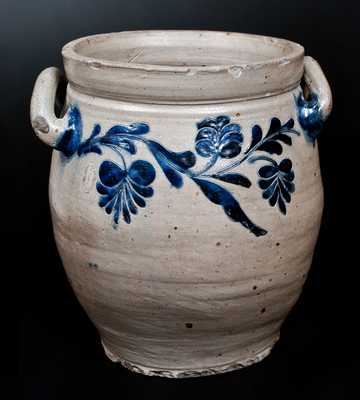 Exceptional 4 Gal. Manhattan Stoneware Jar w/ Incised Floral Vine Decoration, c1790-1800