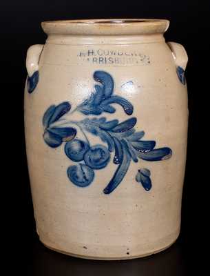 Two-Gallon F.H. COWDEN / HARRISBURG Stoneware Jar w/ Cobalt Cherries Decoration
