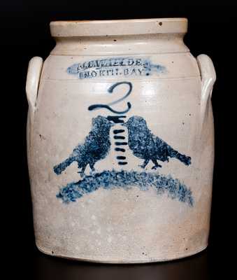 Rare J.C. WAELDE / NORTH BAY (New York) Stoneware Jar w/ Stenciled Cobalt Double-Bird Decoration