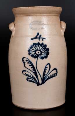 4 Gal. J. BURGER, JR. / ROCHESTER, N.Y. Stoneware Churn w/ Slip-Trailed Floral Decoration