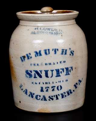 F.H. COWDEN / HARRISBURG, DEMUTH'S SNUFF (Lancaster) Cobalt-Stenciled Stoneware Jar