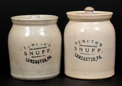Two DEMUTH'S SNUFF / LANCASTER, PA Stoneware Jars, American, circa 1900