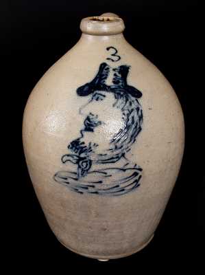 Outstanding New York Stoneware Jug with Very Fine Gentleman's Bust Decoration, possibly Rochester