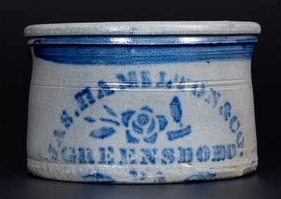 Scarce JAS. HAMILTON & CO. / GREENSBORO. / PA Stoneware Butter Crock w/ Stenciled Rose