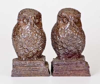 Rare Sewertile Owl Bookends, Inscribed EJE, Edward J. Ellwood, Tuscarawas County, OH, mid-20th century