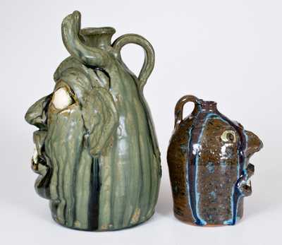 Two W.A. Flowers Alkaline-Glazed Stoneware Face Jugs, Almond, NC, late 20th century