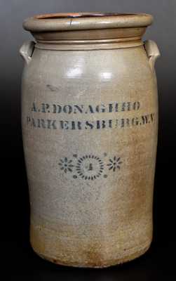 4 Gal. A. P. DONAGHHO / PARKERSBURG, W.V. Stoneware Churn