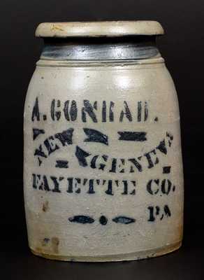 A. CONRAD / NEW GENEVA / FAYETTE CO., PA Stoneware Wax Sealer Canning Jar