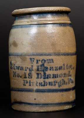 Western PA Striped Stoneware Jar with Stenciled Pittsburgh, PA Advertising