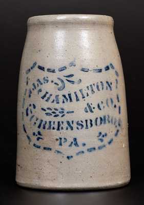 JAS. HAMILTON & CO. / GREENSBORO, PA Stoneware Canning Jar w/ Stenciled Shield