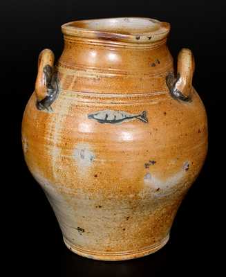 Scarce BOSTON Stoneware Jar with Impressed Fish Motif, late 18th century