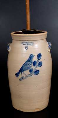 Rare 6 Gal. E. W. FARRINGTON / ELIMIRA, NY Stoneware Bird Churn w/ Molded Handles