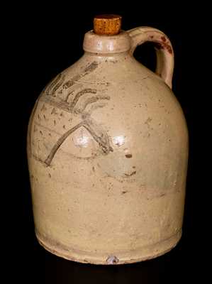Exceptional Redware Jug w/ Slip Basket-of-Flowers Decoration, probably New York State