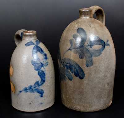 Lot of Two: Western PA Stoneware Jugs w/ Brushed Cobalt Floral Decoration