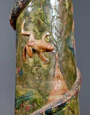 Elaborate Welsh Earthenware Umbrella Stand w/ Applied Snakes, Frogs, and Profuse Designs