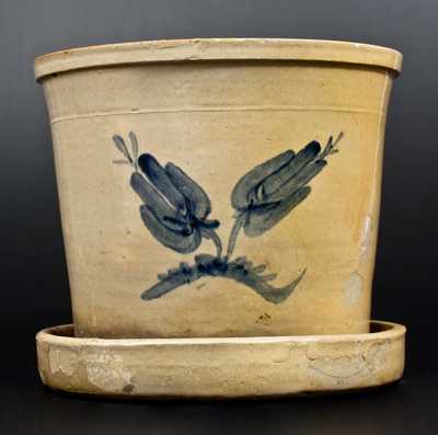 Bristol-Slip Stoneware Flowerpot w/ Cobalt Decoration att. Fulper Bros., Flemington, NJ