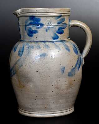 One-and-a-Half-Gallon Southeastern PA Stoneware Pitcher w/ Cobalt Floral Decoration