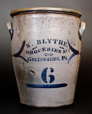 Unusual 6 Gal. att. G. & A. Black (Somerfield, PA) Stoneware Jar w/ GREENSBURG, PA Advertising