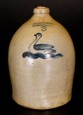 3 Gal. COWDEN & WILCOX / HARRISBURG, PA Stoneware Jug w/ Swan Decoration