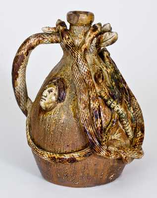 Outstanding Stoneware Temperance Jug with Applied Snakes, Animals, and Human Faces