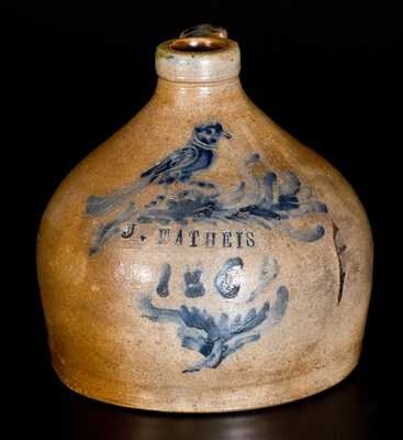 Exceptional Small-Sized Squat Stoneware Jug w/ Incised Bird and Inscription, Dated 1862