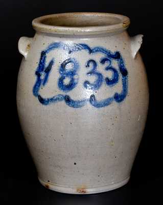 Outstanding J. MILLER / WHEELING, VA Stoneware Jar with Bold 1833 Date and Floral Decoration