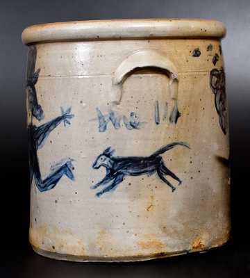 Exceptional Stoneware Crock with Dog-Chasing-Man Decoration, Ohio, circa 1860