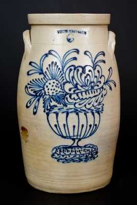 6 Gal. WHITES BINGHAMTON Stoneware Churn w/ Elaborate Floral Basket Decoration