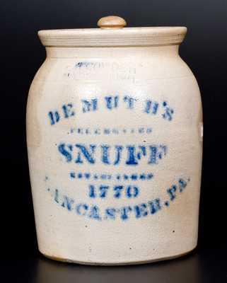 One-Gallon DEMUTH'S SNUFF Lidded Stoneware Jar (F.H COWDEN / HARRISBURG)
