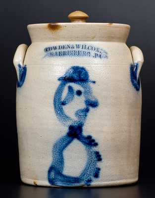 COWDEN & WILCOX / HARRISBURG, PA Stoneware Jar with Hatted Man Decoration