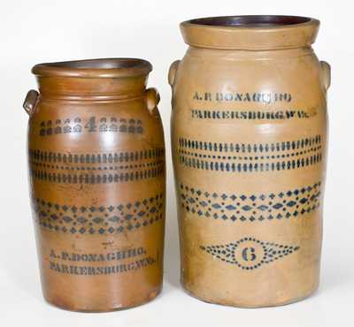 Lot of Two: A. P. DONAGHHO / PARKERSBURG, W. VA 4 Gal. and 6 Gal. Stoneware Churns