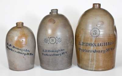 Lot of Three: A. P. DONAGHHO / PARKERSBURG, W. VA 1, 2, and 3 Gal. Stoneware Jugs
