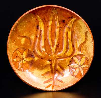 Exceptional Small-Sized Redware Plate with Sgraffito Decoration, c1800