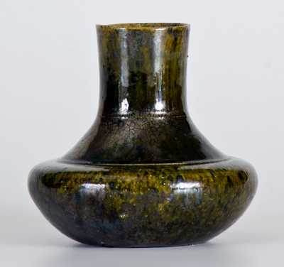 George Ohr Pottery Squat Vase with Metallic Green Glaze