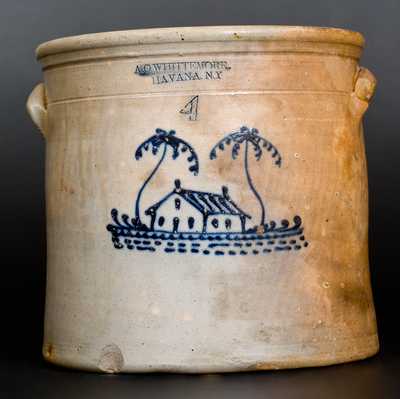 4 Gal. A. O. WHITTEMORE / HAVANA, NY Stoneware Crock with House Decoration