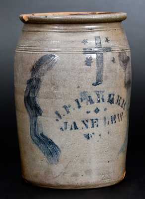Fine J. P. PARKER / JANE LEW, W. VA. Stoneware Jar with Stenciled Cross