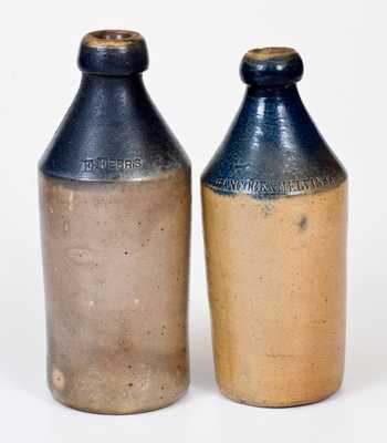 Lot of Two: Fine Stoneware Bottles with Cobalt Tops and Impressed Advertising