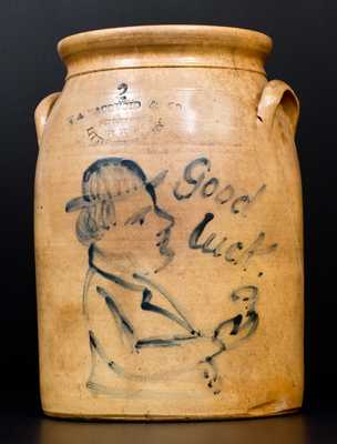 WM MACQUOID & CO / POTTERY WORKS / LITTLE WST 12TH ST. N.Y. Stoneware Jar w/ Man and Good Luck Inscription