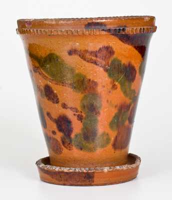 Shenandoah Valley Multi-Glazed Redware Flowerpot with Green and Brown Decoration