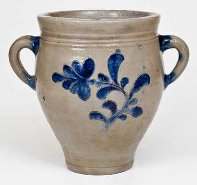 Small-Sized Vertical-Handled Manhattan Stoneware Jar with Incised Floral Decoration